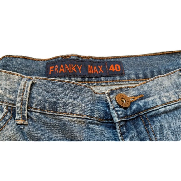 Franky Max Distressed Denim Blue Jeans 38x32 Embroidered Pockets Leather Trim - Picture 3 of 14
